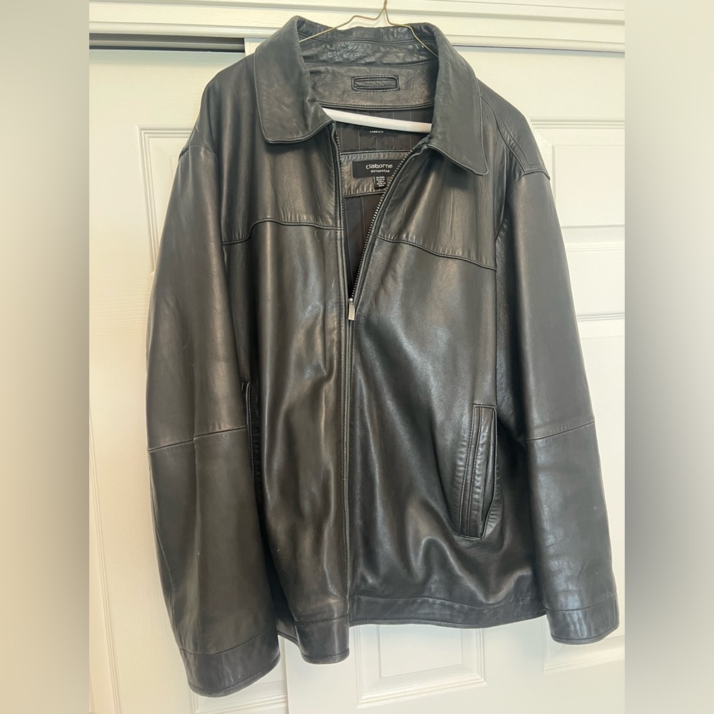 Claiborne Black Leather Jacket with Collared Neckline